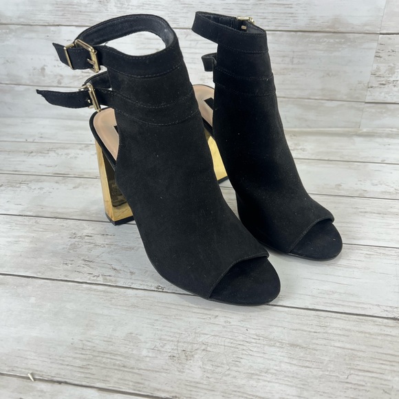 Forever 21 Black Peep Toe Booties with Block Gold Heel Buckle Double Straps 8 - Picture 13 of 14
